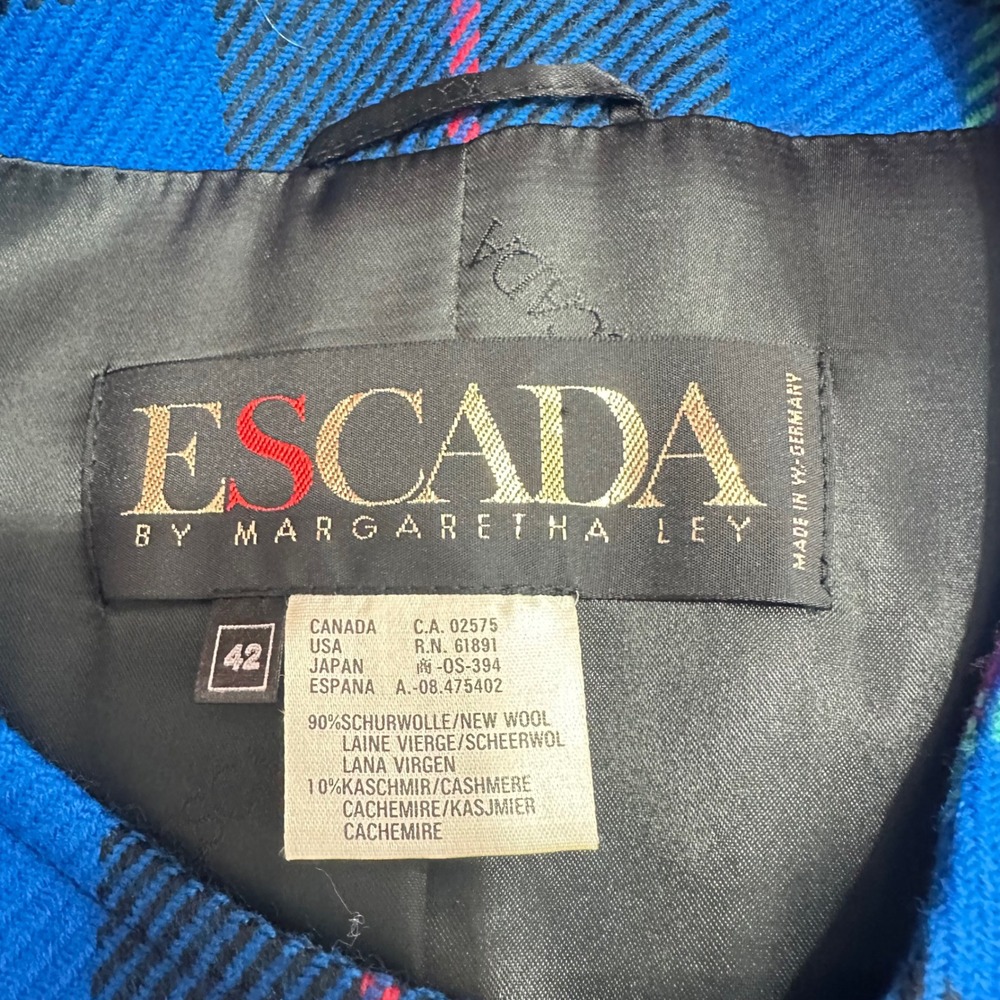 Escada‎ Margaretha Ley Vintage Blue Plaid Wool Cashmere Blazer Jacket Womens 42 - Picture 8 of 10
